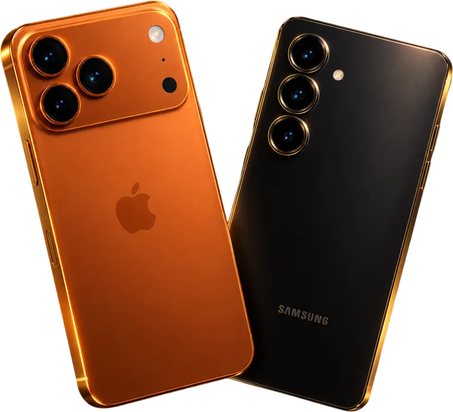 Dois celulares vistos de trás, um laranja e um preto com detalhes dourados